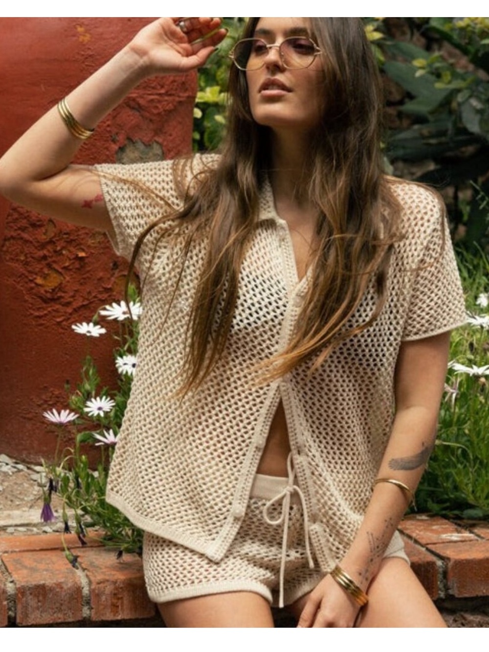 Dandy Del Mar Malaga Crochet Button down Top Small Vintage Ivory